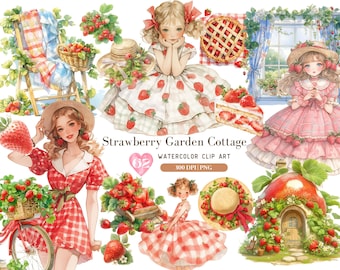 Watercolor Strawberry Girl Clipart Bundle, Garden Cottagecore Style Countryside Cottage Rustic Dessert PNG Graphic Design, Digital Download
