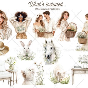 May include: A digital illustration set featuring a variety of watercolor-style images, including women, animals, furniture, and floral arrangements. The images are in a soft, pastel color palette and have a whimsical, romantic feel. The set includes 50 separate PNG files.