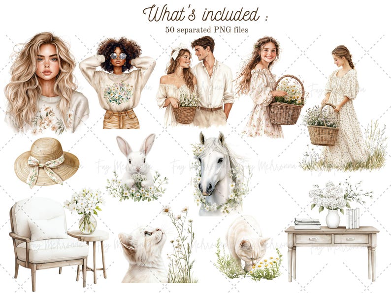 May include: A digital illustration set featuring a variety of watercolor-style images, including women, animals, furniture, and floral arrangements. The images are in a soft, pastel color palette and have a whimsical, romantic feel. The set includes 50 separate PNG files.