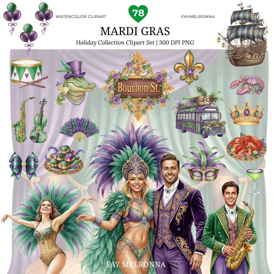 Mardi Gras Watercolor Clipart, New Orleans Masquerade Party PNG, Fat ...