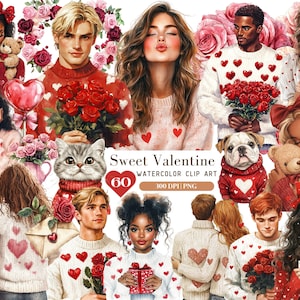 Paquete de imágenes prediseñadas del día de San Valentín en acuarela, imágenes prediseñadas románticas PNG, XOXO, amor, globos, pegatinas de descarga digital, uso comercial