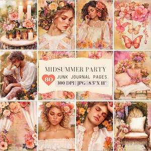 Páginas de diário de festa de verão, colagem de primavera e verão para impressão, página de papel para piquenique ao ar livre em tons pastéis digitais, álbum de recortes com folhas de colagem