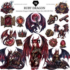 Pode incluir: Uma coleção digital de 75 elementos de clipart em aquarela com dragões rubi, figuras aladas de cabelo ruivo, coroas ornamentadas, ovos de pedras preciosas brilhantes, livros antigos e crânios de dragão em tons de vermelho, preto e dourado.