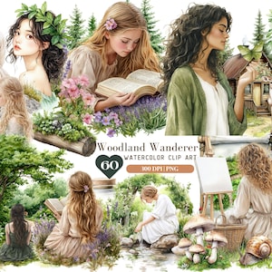 Aquarelle Woodland Wanderer Clip Art, amoureux de la nature, forêt de guérison, champignon mousse, téléchargement numérique d'arbre sauvage, autocollants numériques, commercial