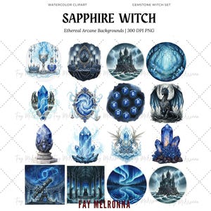 May include: A collection of watercolor clipart images featuring a "Sapphire Witch" theme. The set includes various illustrations of crystals, castles, and mystical elements in shades of blue. Text on the image reads "Ethereal Arcane Backgrounds | 300 DPI PNG".