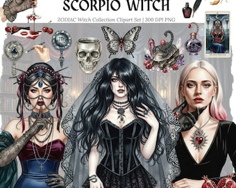 Può includere: Un set di clipart ad acquerello digitale intitolato "Scorpio Witch" con illustrazioni di donne gotiche, carte dei tarocchi e oggetti mistici. Il set include un teschio, una farfalla e uno scorpione. È visibile anche il testo "Zodiac Witch Collection Clipart Set".