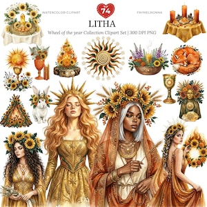 May include: Watercolor clipart set featuring the word "Litha" and various illustrations. The images include women, sunflowers, candles, a sun design, a fox, and other decorative elements. The set is labeled as "Wheel of the year Collection Clipart Set".