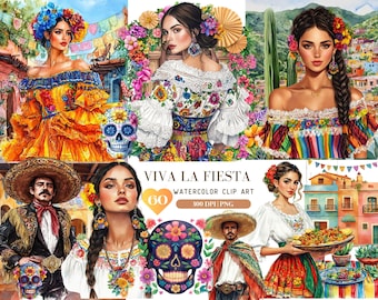 Watercolor Viva La Fiesta Clipart Bundle, Cinco de Mayo, Mexico Clip Art, Pinata, Mexican party, Cactus, Tequila, Guitar, Fiesta, Sombrero