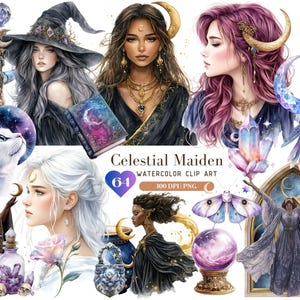 水彩画の天女のクリップアート、ゴシック魔女のクリップアート、ファンタジーの女王の妖精のグラフィック PNG、宇宙のクリップアート、ウィッカのステッカー、デジタル ダウンロード