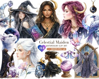 Watercolor Celestial Maiden Clipart, Gothic Witch ClipArt, Fantasy Queen Fairy Graphic PNG, Cosmic Clipart, Wicca Sticker, Digital Download