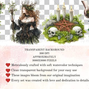 Puede incluir: Un conjunto de ilustraciones digitales que presenta a una mujer con cabello largo y casta&ntilde;o que lleva un vestido negro y una corona de cuernos, un cuervo posado en una rama, un pentagrama con tres velas y dos cr&aacute;neos sobre un lecho de musgo.
