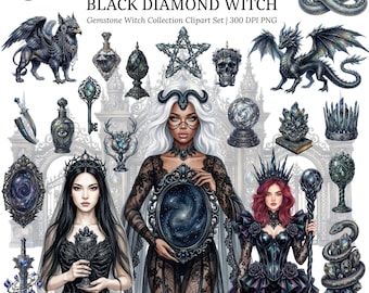 May include: Watercolor clipart set titled "Black Diamond Witch" featuring various gemstone witch-themed illustrations. Includes images of a griffin, dragons, snakes, a skull, a mirror, and portraits of women. The set is 300 DPI PNG.