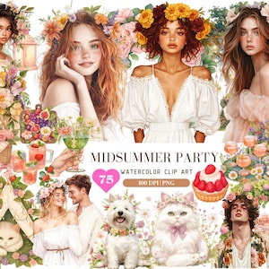 Pacchetto festa di mezza estate con acquerello, clipart estate primavera PNG, picnic boho pastello all'aperto, clipart giardino fiorito estivo, adesivo per le vacanze