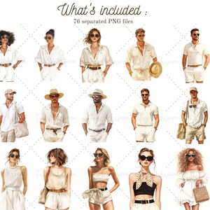 May include: A digital illustration set of 12 people wearing white summer outfits. The people are depicted in a variety of poses, including standing, sitting, and walking. The illustrations are in a watercolor style and feature a variety of accessories, such as hats, sunglasses, and bags.