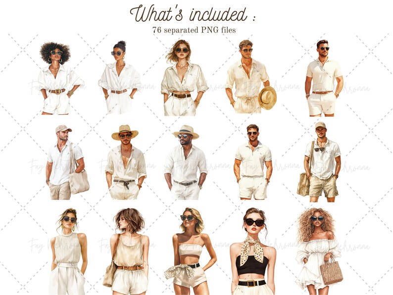 May include: A digital illustration set of 12 people wearing white summer outfits. The people are depicted in a variety of poses, including standing, sitting, and walking. The illustrations are in a watercolor style and feature a variety of accessories, such as hats, sunglasses, and bags.