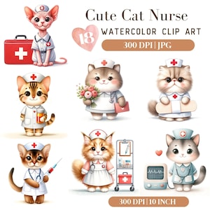 Aquarelle mignon chat infirmière clipart, chambre d'animaux chatons mignons, ours lapin chaton infirmière, clipart chat, infirmière clipart fête des mères fête des mères