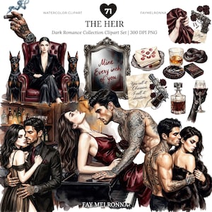 Op de afbeelding: Een digitale aquarel clipartset getiteld The Heir met illustraties van duistere romantiek, waaronder koppels, Dobermann-honden, een rode leren stoel, een spiegel met de tekst Mine. Every inch of you., een pistool, rozen, whisky en liefdesbrieven.
