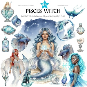 May include: Watercolor clipart set featuring mermaids, fish, and aquatic elements. The image includes the text "PISCES WITCH" and "ZODIAC Witch Collection Clipart Set". The color palette includes shades of blue, teal, and white, with a dreamy, ethereal aesthetic.