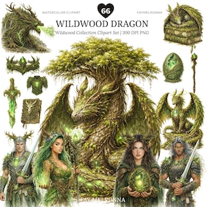 May include: Watercolor clipart set featuring a Wildwood Dragon theme. The image includes a large central dragon with a tree-like appearance, surrounded by other fantasy elements such as a dragon, an egg, and figures. The color palette is dominated by greens and browns.
