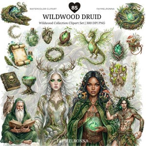 Akvarell skogsdruid Clipart, gotisk häxa PNG, mossig shaman, mossgrön häxa, Halloween, Wicca-klistermärke, botanisk, mystisk skog