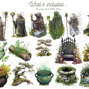 Puede incluir: Un conjunto de 70 ilustraciones digitales que presentan criaturas de bosque caprichosas, objetos m&aacute;gicos y paisajes fant&aacute;sticos. Las ilustraciones incluyen una variedad de personajes, como magos, hadas y gnomos, as&iacute; como objetos como hongos, calderos y un trono. Las ilustraciones son perfectas para agregar un toque de magia a cualquier proyecto.