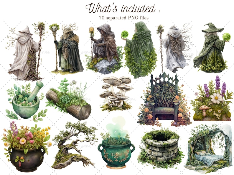 Puede incluir: Un conjunto de 70 ilustraciones digitales que presentan criaturas de bosque caprichosas, objetos m&aacute;gicos y paisajes fant&aacute;sticos. Las ilustraciones incluyen una variedad de personajes, como magos, hadas y gnomos, as&iacute; como objetos como hongos, calderos y un trono. Las ilustraciones son perfectas para agregar un toque de magia a cualquier proyecto.