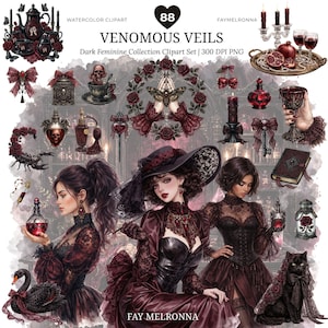 Puede incluir: Un conjunto de imágenes prediseñadas de acuarela digital titulado "Venomous Veils" con elementos góticos femeninos oscuros. El conjunto incluye ilustraciones de mujeres, un gato negro, un cisne, botellas de pociones, rosas y otros elementos decorativos. El texto "FAY MELRONNA" también es visible.