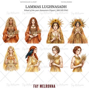 May include: Watercolor clipart featuring eight illustrations of women, each representing a different aspect of the Lammas Lughnasadh celebration. The women are adorned in various gowns and headdresses, holding wheat, bread, and flowers. The text "LAMMAS LUGHNASADH" is at the top.