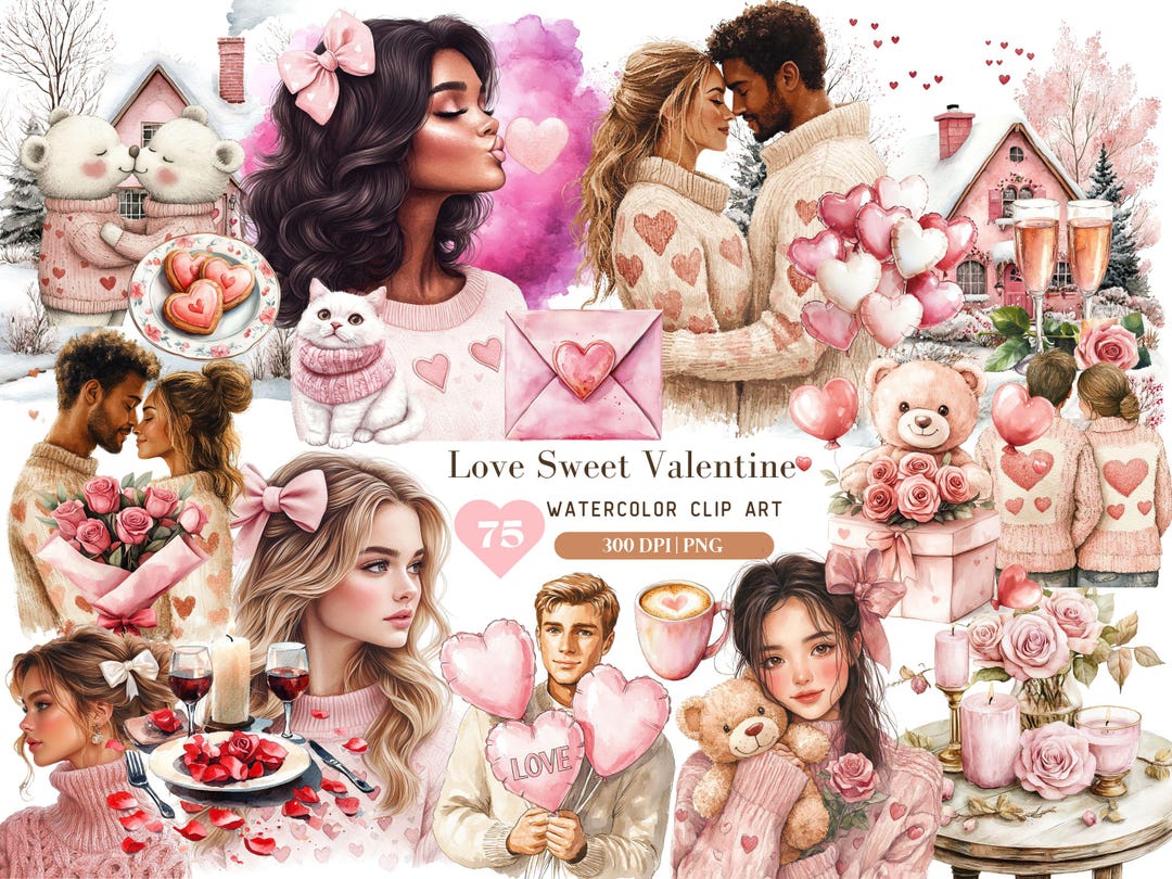 Watercolor Valentines Day Clipart Bundle, Romantic Clip Art PNG, XOXO ...