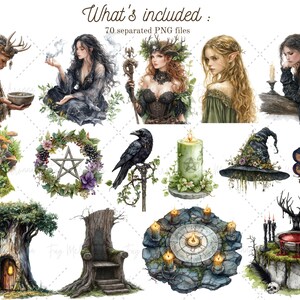 Puede incluir: Una colecci&oacute;n de ilustraciones digitales que presentan una variedad de elementos m&aacute;gicos y m&iacute;sticos, incluyendo hadas, brujas, cuervos, velas, &aacute;rboles y mucho m&aacute;s. Las ilustraciones son de estilo caprichoso con un enfoque en la naturaleza y la fantas&iacute;a.