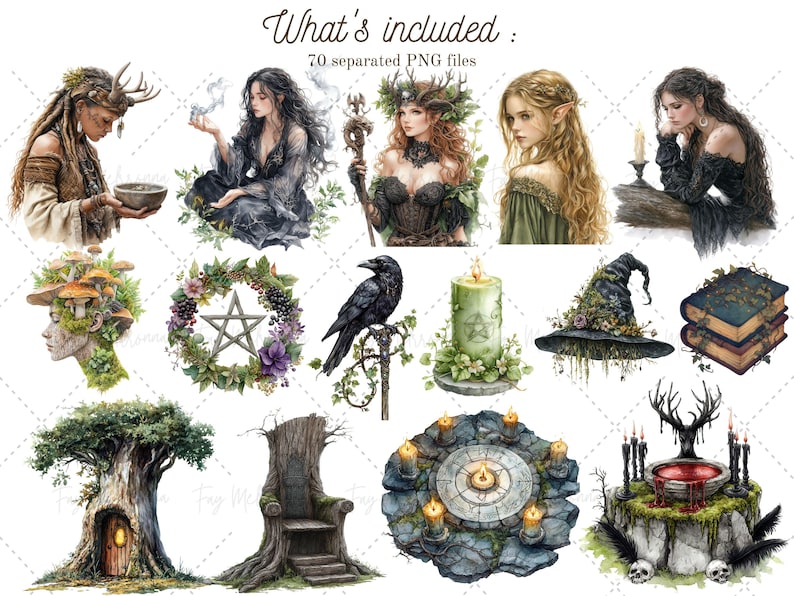 Puede incluir: Una colecci&oacute;n de ilustraciones digitales que presentan una variedad de elementos m&aacute;gicos y m&iacute;sticos, incluyendo hadas, brujas, cuervos, velas, &aacute;rboles y mucho m&aacute;s. Las ilustraciones son de estilo caprichoso con un enfoque en la naturaleza y la fantas&iacute;a.
