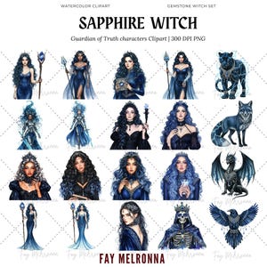May include: Watercolor clipart featuring a gemstone witch set. The artwork showcases various illustrations of women with blue hair and attire, along with fantasy creatures like a black panther, fox, and dragon. The text "SAPPHIRE WITCH" is displayed at the top.