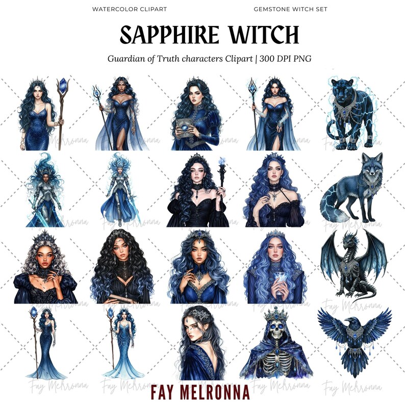May include: Watercolor clipart featuring a gemstone witch set. The artwork showcases various illustrations of women with blue hair and attire, along with fantasy creatures like a black panther, fox, and dragon. The text "SAPPHIRE WITCH" is displayed at the top.