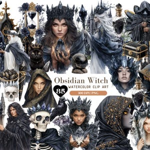 May include: Watercolor clip art titled "Obsidian Witch" featuring various illustrations of witches, crystals, and gothic elements. The artwork includes portraits of women with dark hair and crowns, a black cat, and a skull. The color palette is primarily black, gray, and gold.