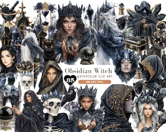 Watercolor Obsidian Witch Darkness Clipart, Gothic Witch ClipArt, Black Queen Graphic PNG, Halloween Clipart, Wicca Sticker, DigitalDownload