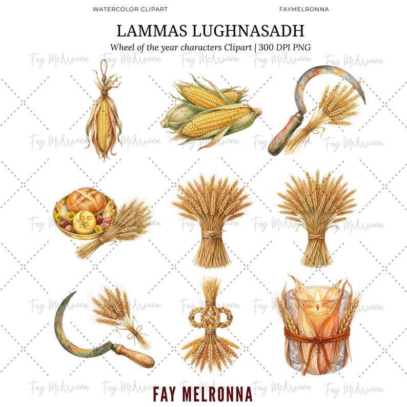 May include: Watercolor clipart depicting Lammas Lughnasadh symbols. The image includes illustrations of corn, wheat sheaves, a sickle, bread, and a candle. The text "Wheel of the year characters Clipart" is visible. The artist's name, Fay Melronna, is also displayed.
