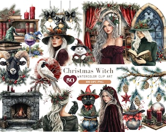 Watercolor Witch Christmas Clipart, Witch Gothic Xmas Clip Art, Christmas gifts Graphics PNG, Holiday Clipart, Xmas Images, Digital Download