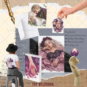 Puede incluir: Un collage con ilustraciones y elementos de dise&ntilde;o de fantas&iacute;a. Incluye im&aacute;genes de una pareja, una mujer con una corona floral y una portada de libro con una mano sosteniendo p&eacute;talos de rosa. El texto "FAY MELRONNA" es visible.