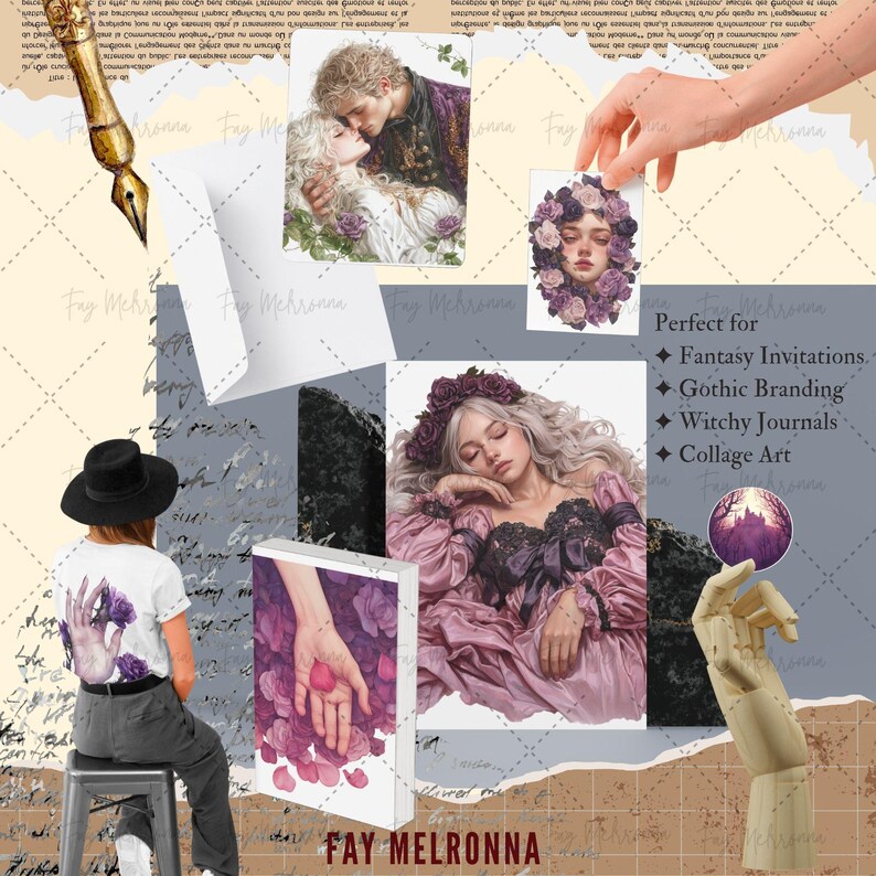 Puede incluir: Un collage con ilustraciones y elementos de dise&ntilde;o de fantas&iacute;a. Incluye im&aacute;genes de una pareja, una mujer con una corona floral y una portada de libro con una mano sosteniendo p&eacute;talos de rosa. El texto "FAY MELRONNA" es visible.