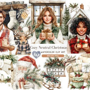 Clipart de Natal em aquarela, Clip Art de Natal Branco Neutro Aconchegante, Presentes de Natal Gráficos PNG, Clipart de Férias, Imagens de Natal, Download Digital