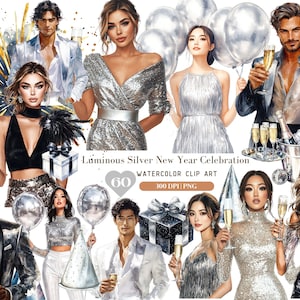 Paquete de imágenes prediseñadas PNG de celebración de Año Nuevo con acuarela plateada metalizada, diseño PNG de feliz Año Nuevo glamoroso para uso comercial con manualidades de sublimación