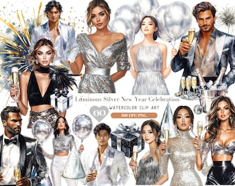 Watercolor Silver Metallic New year Celebration PNG Clipart Bundle, glam Happy New year PNG Design for Sublimation Craft Commercial Use