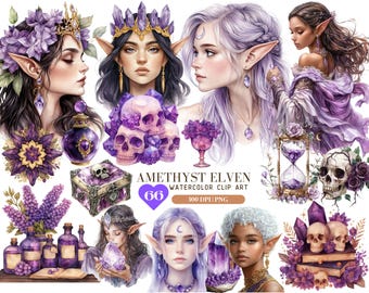 May include: A set of 66 watercolour clip art images featuring amethyst elven characters, skulls, potions, flowers, and other magical elements. The images are 300 DPI PNG files.