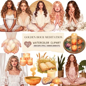 Watercolor Golden Hour Meditation Clipart Bundle, Self Care PNG, Crystal Candle, Boho Girl, Spiritual Morning, Mindfulness Art,RelaxingDecor