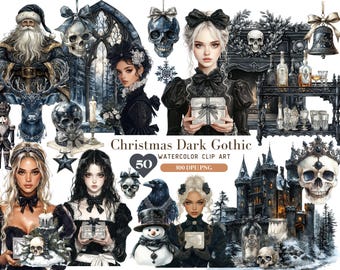 Watercolor Gothic Dark Christmas Clipart, Gothic Xmas Clip Art, Christmas gifts Graphics PNG, Holiday Clipart, Xmas Images, Digital Download