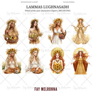 May include: Watercolor clipart featuring illustrations of women with floral crowns, holding baskets of fruit, wheat, and sunflowers. The text "LAMMAS LUGHNASADH" and "Wheel of the year characters Clipart" are visible.