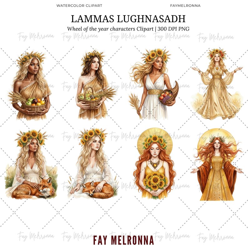 May include: Watercolor clipart featuring illustrations of women with floral crowns, holding baskets of fruit, wheat, and sunflowers. The text "LAMMAS LUGHNASADH" and "Wheel of the year characters Clipart" are visible.