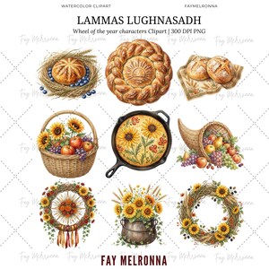 May include: Watercolor clipart featuring Lammas Lughnasadh imagery. The image includes a variety of illustrations: braided bread, baked goods, a basket of sunflowers and fruit, a cast iron skillet with a floral design, a cornucopia, wreaths, and a pot of sunflowers. The text "FAY MELRONNA" is visible.