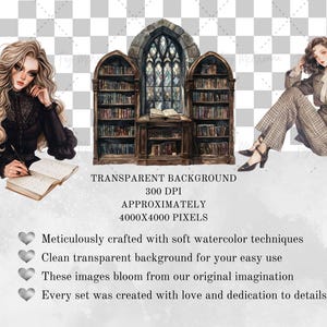 Watercolor Dark Academia Library Clipart Bundle, Gothic Clipart PNG ...