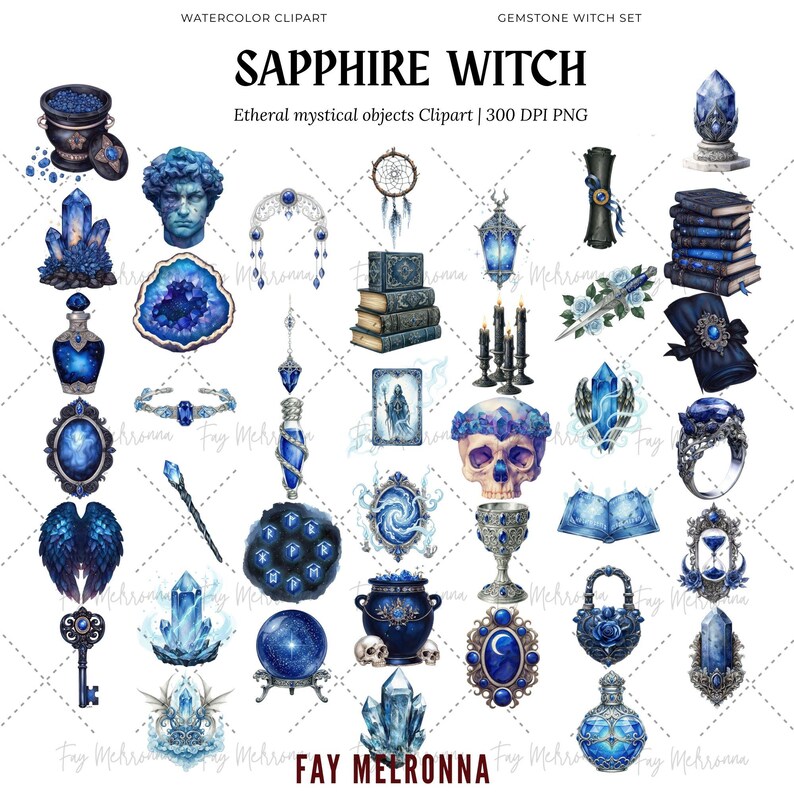 May include: Watercolor clipart featuring a collection of ethereal mystical objects in shades of blue. The image includes crystals, potion bottles, a skull, books, and other witchy elements. Text on the image reads "SAPPHIRE WITCH" and "FAY MEERONNA".